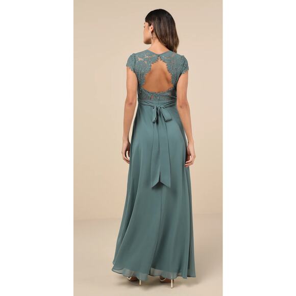 Lulus New! Dark Sage Green Lace Backless Maxi Dress Wedding Cocktail Vacay M - Picture 2 of 8